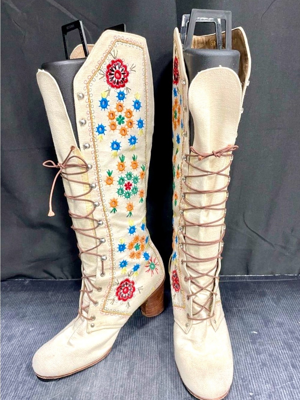 RARE Vintage 70s Jerry Edouard Henri Bendel Cream Embroidered Laced Greece Boot